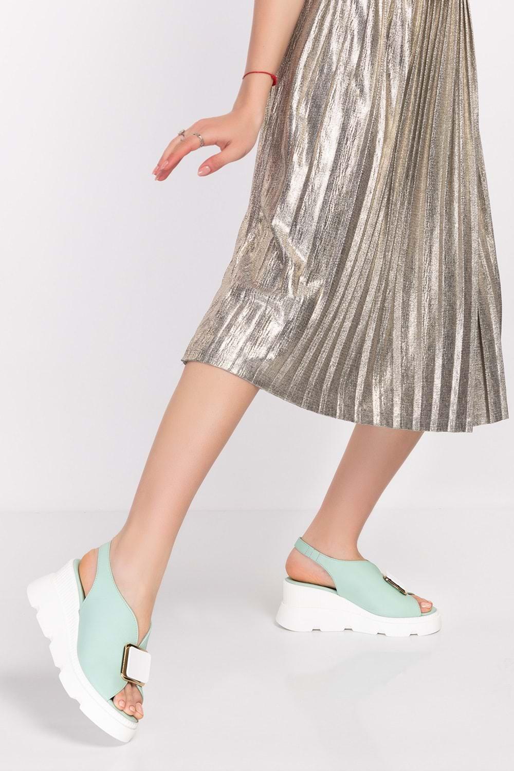 Gondol Kadın Hakiki Deri Dolgu Topuklu Platformlu Sandalet şk.5170 - Mint - 37