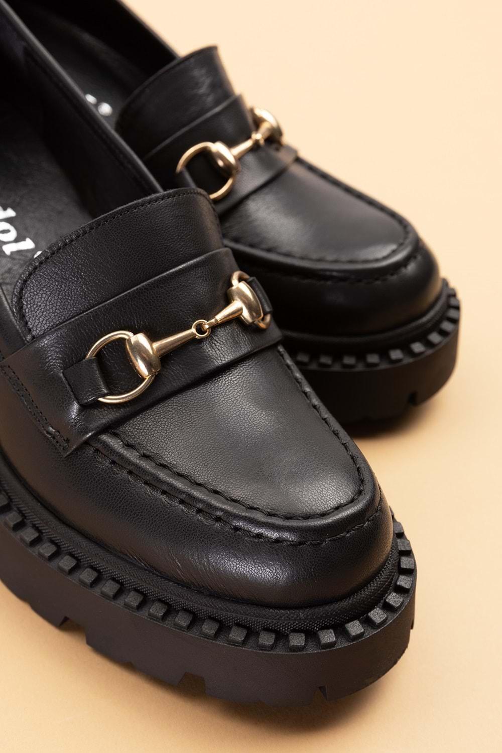 Gondol Hakiki Deri Kalın Taban Platform Topuklu Ayakkabı vtg.23803 - Siyah - 40