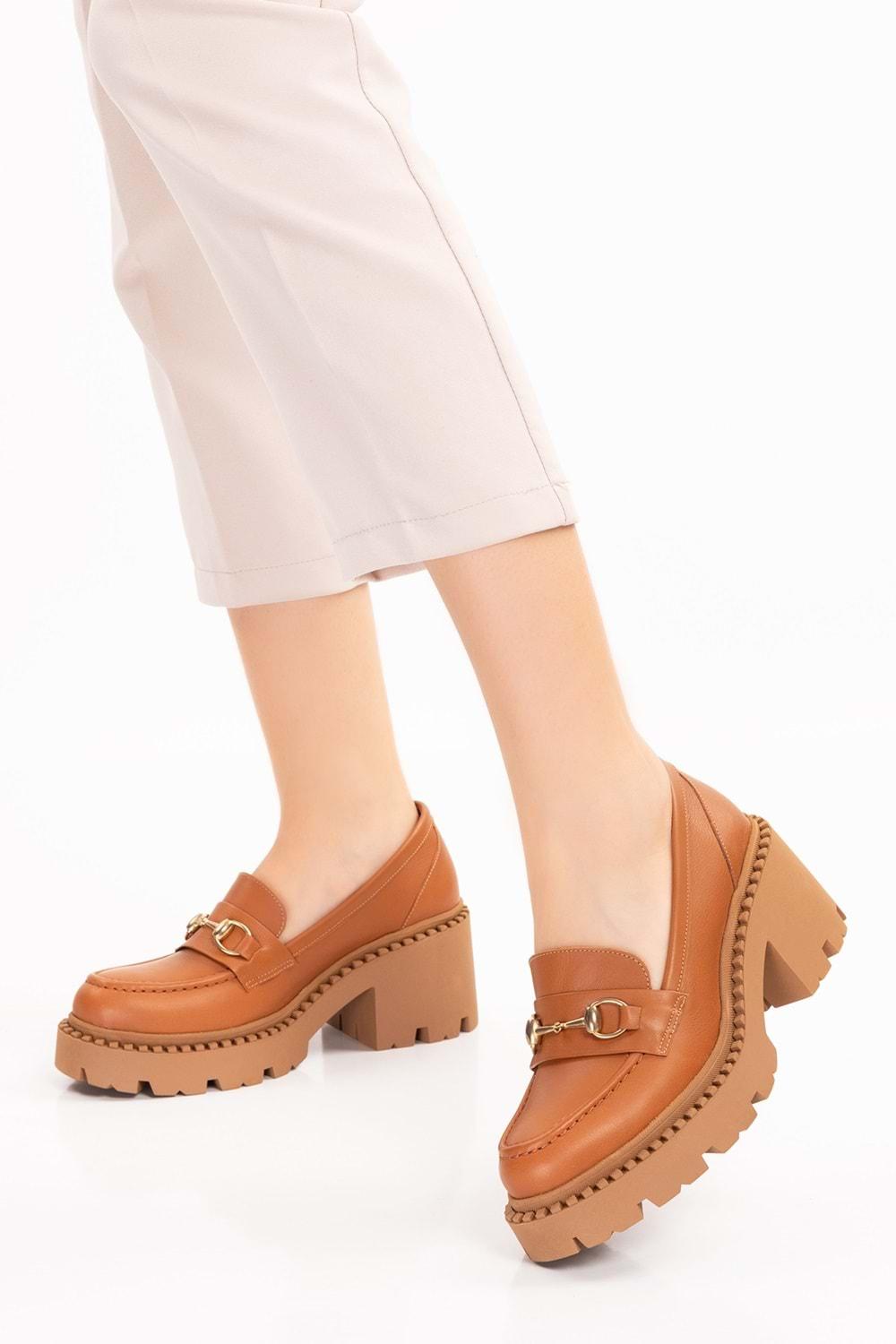 Gondol Hakiki Deri Kalın Taban Platform Topuklu Ayakkabı vtg.23803 - Taba - 40