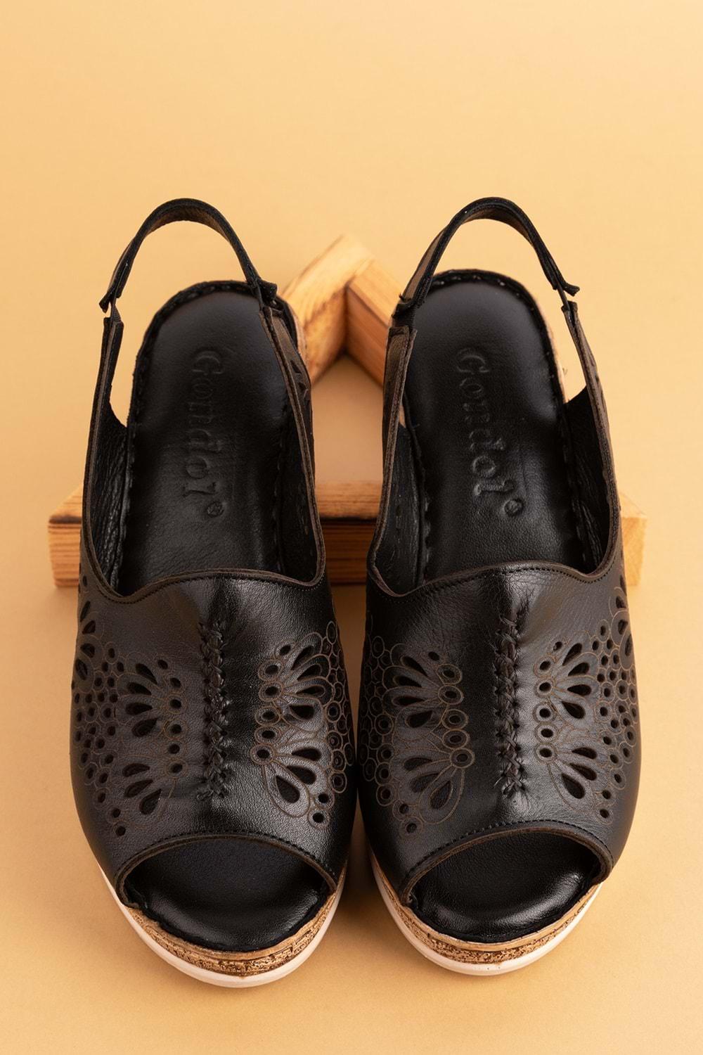 Gondol Hakiki Deri Dolgu Topuklı Yumuşak Taban Rahat Sandalet irm.77 - Siyah - 36