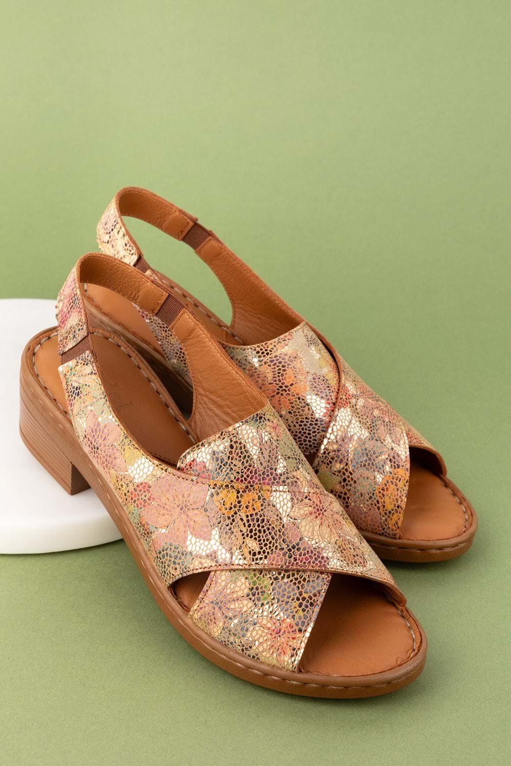 Gondol Hakiki Deri Kısa Topuklu Çapraz Sandalet iz.9502 - Taba çiçek - 40