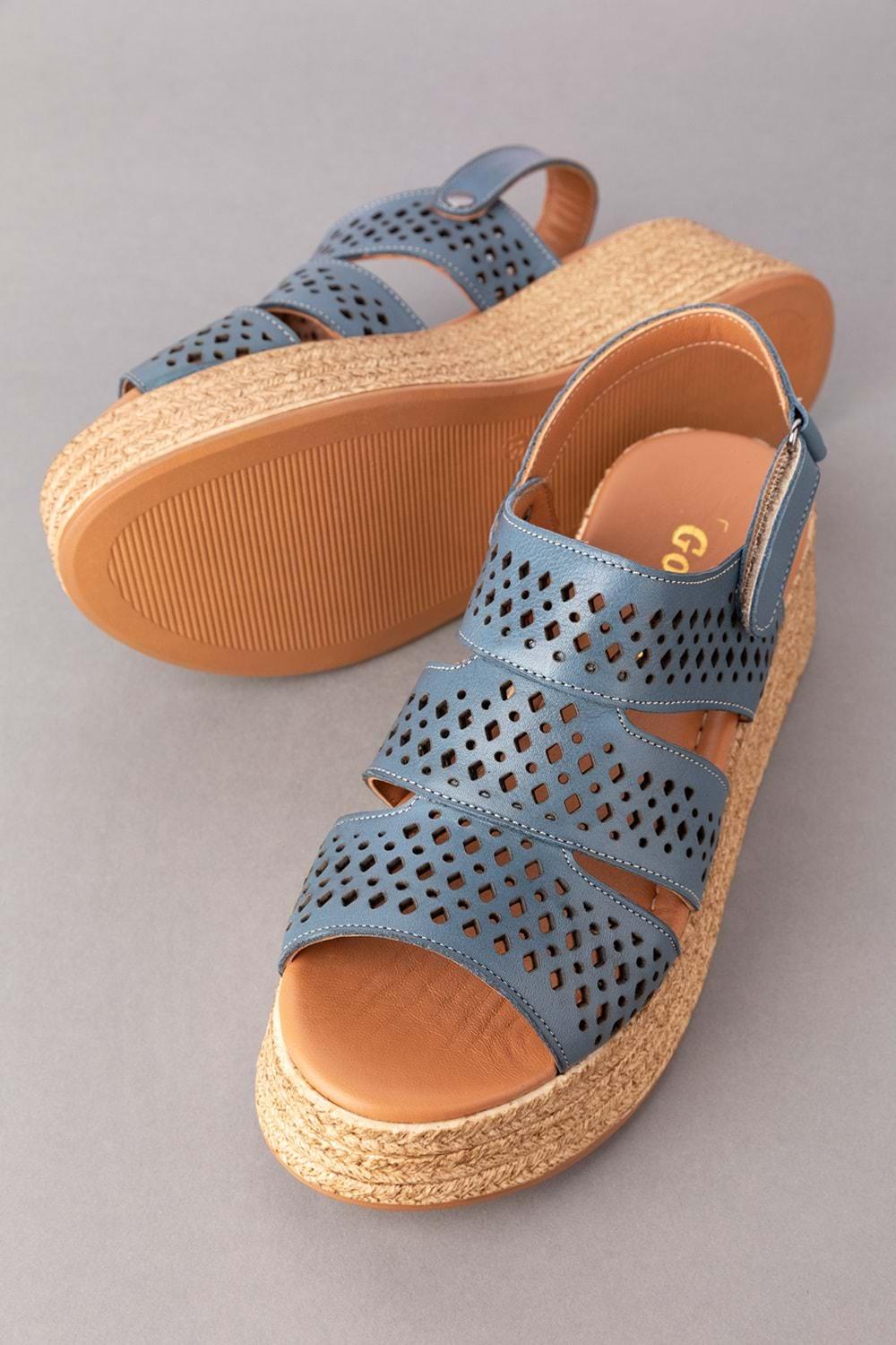 Gondol Kadın Hakiki Deri Platform Tabanlı Sandalet mlk.2054 - Mavi - 42