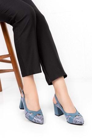 Gondol Hakiki Deri Yılan Desen Ayrıntılı Topuklu Ayakkabı şhn.0738 - Mavi - 34