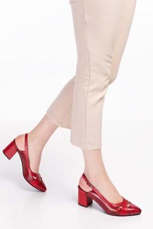 Gondol Hakiki Deri Yılan Desen Ayrıntılı Topuklu Ayakkabı şhn.0738 - Kırmızı Yılan- 34