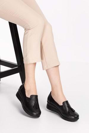 Gondol Kadın Hakiki Deri Anatomik Taban Dolgu Topuklu Günlük Ayakkabı pyt.6204 - Siyah - 36
