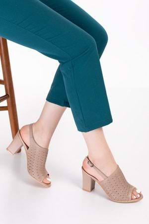 Gondol Kadın Hakiki Deri Lazer Kesim Klasik Topuklu Ayakkabı şhn.835 - Vizon - 36
