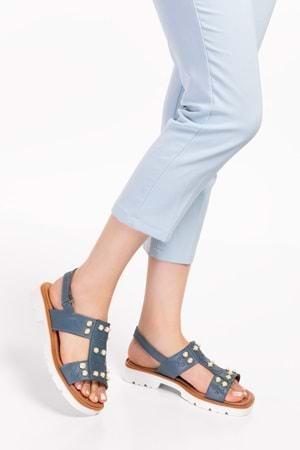 Gondol Hakiki Deri Üzeri İnci Taş Detaylı Sandalet ert.4083 - Mavi - 36