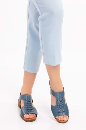 Gondol Hakiki Deri Örgü Topuklu Sandalet İz.6026 - Mavi - 36