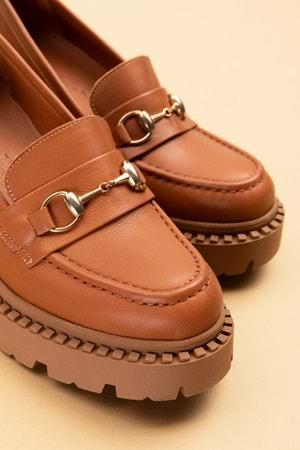 Gondol Hakiki Deri Kalın Taban Platform Topuklu Ayakkabı vtg.23803 - Taba - 40