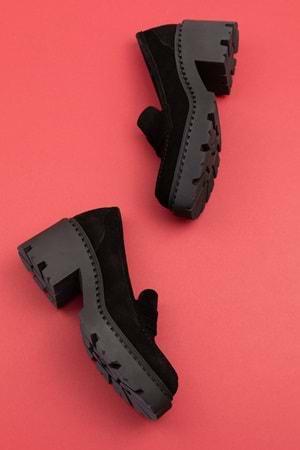 Gondol Hakiki Deri Kalın Taban Platform Topuklu Ayakkabı vtg.23802 - Siyah Süet - 40