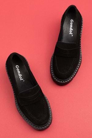 Gondol Hakiki Deri Kalın Taban Platform Topuklu Ayakkabı vtg.23802 - Siyah Süet - 40