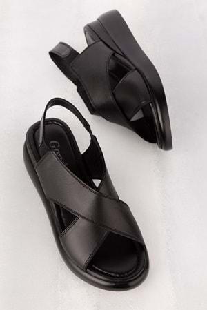 Gondol Hakiki Deri Kısa Topuklu Çapraz Sandalet elnr.393 - Siyah Cilt - 40