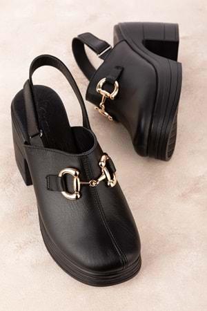 Gondol Kadın Hakiki Deri Platform Topuklu Tokalı Şık Sandalet msa.85 - Siyah - 40