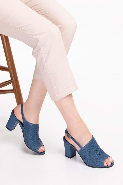 Gondol Kadın Hakiki Deri Lazer Kesim Klasik Topuklu Ayakkabı şhn.835 - Mavi - 34