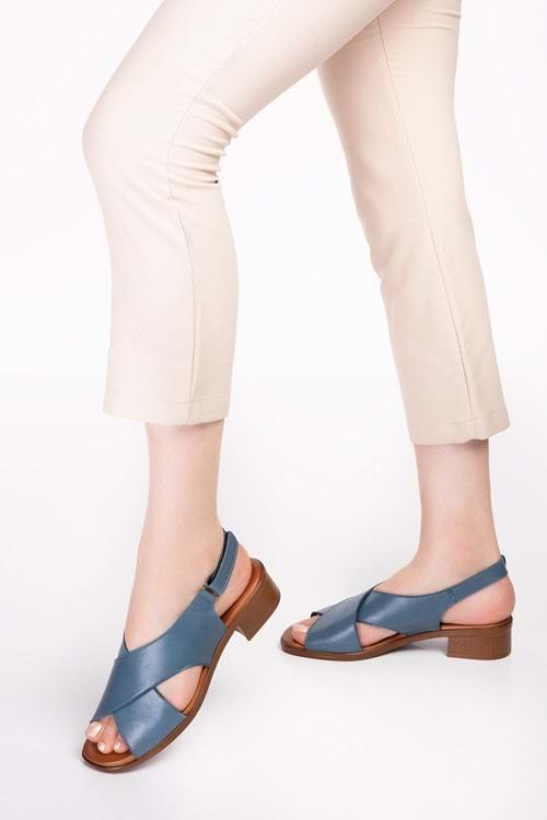 Gondol Hakiki Deri Kısa Topuklu Çapraz Sandalet iz.6004 - Mavi - 36