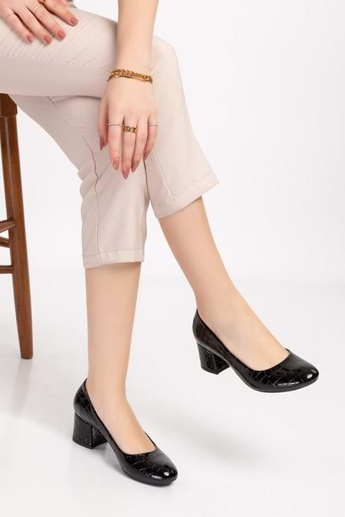 Gondol Kadın Hakiki Deri Yuvarlak Burun Topuklu Ayakkabı vdt.210 - Siyah Croco - 36