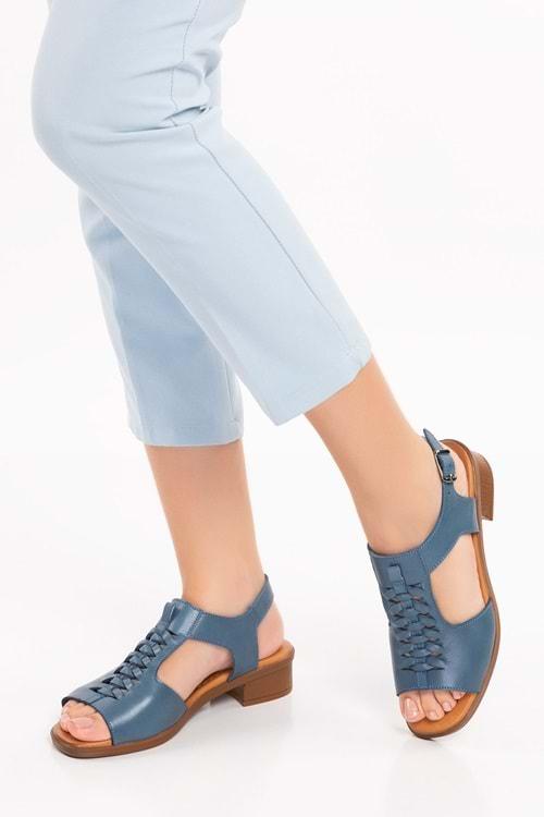 Gondol Hakiki Deri Örgü Topuklu Sandalet İz.6026 - Mavi - 36