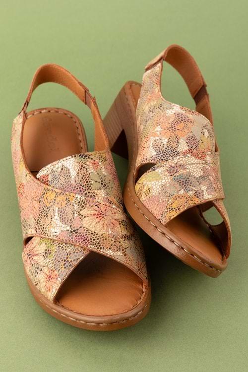 Gondol Hakiki Deri Kısa Topuklu Çapraz Sandalet iz.9502 - Taba çiçek - 40