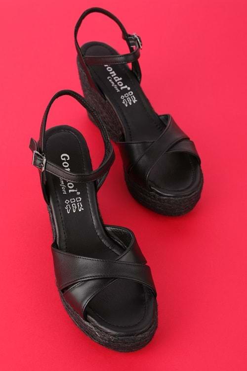 Gondol Kadın Hakiki Deri Dolgu Topuk Platform Sandalet ell.5044 - Siyah - 40